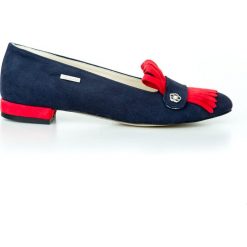 Dwukolorowe balerinki z frędzlami - skóra naturalna - model 046 - kolor granat nubuk+czerwony. Czerwone baleriny damskie Zapato, bez wzorów, z jeansu, klasyczne, bez obcasa, na obcasie. W wyprzedaży za 179,40 zł.