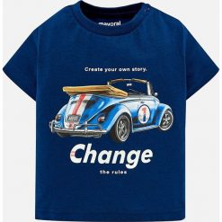 Mayoral - T-shirt dziecięcy 68-98 cm. Niebieskie t-shirty chłopięce Mayoral, z nadrukiem, z bawełny, bez rękawów. W wyprzedaży za 24,90 zł.