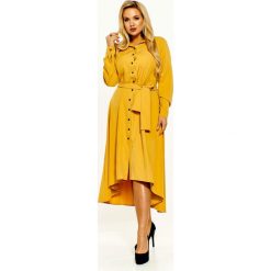Sukienka z krótszym przodem żółty. Żółte sukienki damskie Tagless, plus size, bez wzorów, z elastanu, bez kołnierzyka, plus size, z krótkim rękawem, krótkie, mini. Za 189,82 zł.