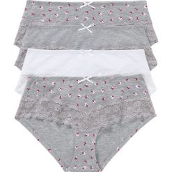 Figi panty (4 pary) bonprix jasnoszary melanż + biały + czerwony w kwiaty. Szare majtki damskie bonprix, w koronkowe wzory, z koronki. Za 55,96 zł.