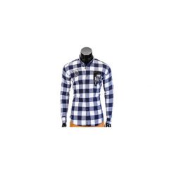 KOSZULA MĘSKA W KRATĘ Z DŁUGIM RĘKAWEM K369 - GRANATOWA. Brązowe koszule męskie na spinki marki Ombre Clothing, m, z aplikacjami, z kontrastowym kołnierzykiem, z długim rękawem. Za 39,00 zł.
