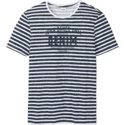 T-shirt bonprix biało-ciemnoniebieski w paski. Niebieskie koszulki męskie bonprix, xxl, w paski, z okrągłym kołnierzem. Za 34,99 zł.