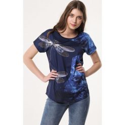 Granatowa Bluzka Perspicuity. Szare bluzki damskie Born2be, xl, z aplikacjami, z dzianiny, z okrągłym kołnierzem, z krótkim rękawem. Za 19,99 zł.