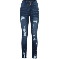 Dżinsy z wysoką talią "destroyed" bonprix ciemny denim. Niebieskie jeansy damskie bonprix, z jeansu. Za 109,99 zł.