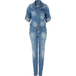 Kombinezon dżinsowy bonprix niebieski "bleached medium". Czarne kombinezony damskie marki bonprix, z dżerseju, z dekoltem w serek, na ramiączkach. Za 169,99 zł.