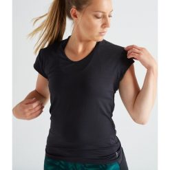 Koszulka fitness krótki rękaw 100 damska. Czarne t-shirty damskie DOMYOS, bez wzorów, z elastanu, bez kołnierzyka. Za 19,99 zł.