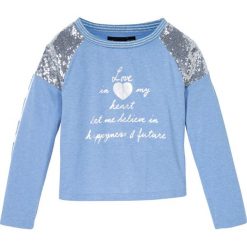 Shirt z długim rękawem z cekinami bonprix niebieski melanż. Niebieskie bluzki dziewczęce bonprix, z aplikacjami, bez kołnierzyka, z długim rękawem, długie, bez kaptura. Za 44,99 zł.