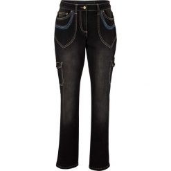 Dżinsy bojówki z haftem STRAIGHT bonprix czarny "stone". Czarne jeansy damskie bonprix, z haftami, z jeansu. Za 79,99 zł.