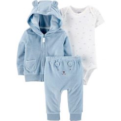 3-częściowy zestaw w kolorze niebiesko-białym. Body niemowlęce Carter's. W wyprzedaży za 62,95 zł.