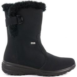 KOZAKI DAMSKIE RIE Z7079 CZA. Kozaki damskie Rieker, z materiału, bez obcasa, bez zapięcia. Za 209,00 zł.