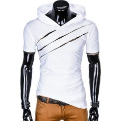 T-shirt męski z kapturem i nadrukiem S1019 - biały. Białe t-shirty męskie Ombre Clothing, s, z nadrukiem, z bawełny, z kapturem. Za 39,00 zł.
