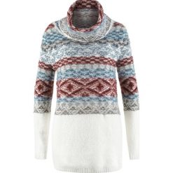 Swetry oversize damskie: Sweter oversize z golfem, długi rękaw bonprix biel wełny wzorzysty