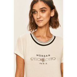 Morgan - T-shirt. Białe t-shirty damskie Morgan, s, z nadrukiem, z bawełny, casualowe, z okrągłym kołnierzem. Za 129,90 zł.