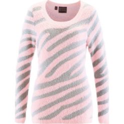 Sweter bonprix pastelowy jasnoróżowy - srebrny wzorzysty. Czerwone swetry klasyczne damskie bonprix, z okrągłym kołnierzem. Za 89,99 zł.