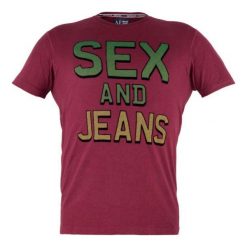 T-Shirt Armani Jeans. Czerwone t-shirty męskie m, z nadrukiem, z jeansu, bez kołnierzyka. Za 69,00 zł.