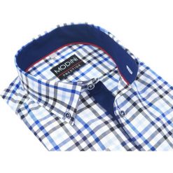 Niebiesko-granatowa koszula w kratę M22. Niebieskie koszule męskie Modini Moda Męska, m, bez wzorów, z bawełny, casualowe, bez kołnierzyka, z długim rękawem. Za 125,10 zł.