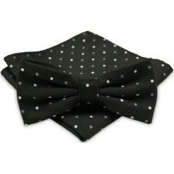 Czarna Mucha Męska - ALTIES - Taka Sama Poszetka, w Biało-Szare Groszki MUALTS0347. Szare muszki męskie Alties, na imprezę, w paski, eleganckie. Za 39,00 zł.
