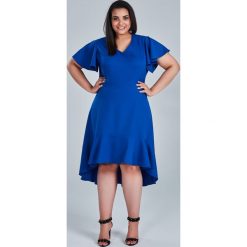 Szafirowa sukienka NILA na wesele duże rozmiary OVERSIZE PLUS SIZE WIOSNA. Niebieskie sukienki damskie Moda Size Plus Iwanek, na wesele, na wiosnę, l, bez wzorów, z elastanu, eleganckie, z asymetrycznym kołnierzem, plus size, z krótkim rękawem, krótkie, mini, asymetryczne. Za 165,00 zł.