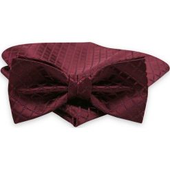 Ciemna Bordowa Mucha Męska -ALTIES- z Taką Samą Poszetką, w Kratkę MUALTS0556. Czerwone muszki męskie Alties, na imprezę, w paski, eleganckie. Za 40,00 zł.