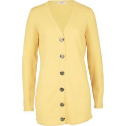 Sweter rozpinany przyjazny dla środowiska, z lnu z poliestrem z recyklingu bonprix jasnożółty. Żółte swetry damskie bonprix, s, bez wzorów, z poliesteru, retro, bez rękawów, bez kaptura. Za 99,99 zł.