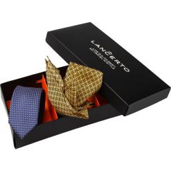Zestaw Krawat plus Poszetka. Żółte poszetki męskie marki LANCERTO, bez wzorów, eleganckie. Za 99,90 zł.