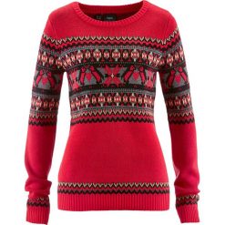 Sweter z okrągłym dekoltem bonprix czerwony wzorzysty. Czerwone swetry klasyczne damskie bonprix, z okrągłym kołnierzem. Za 99,99 zł.