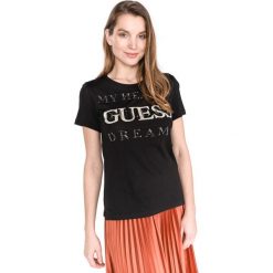 Guess Koszulka Czarny. Czarne koszulki damskie Guess, s, z nadrukiem, z bawełny, bez kołnierzyka. Za 206,95 zł.