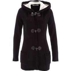 Sweter rozpinany z szenili, długi rękaw bonprix czarny. Czarne swetry damskie bonprix, bez wzorów, z długim rękawem, długie, bez kaptura. Za 89,99 zł.