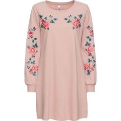 Sukienka dresowa w kwiaty bonprix stary jasnoróżowy z nadrukiem. Różowe sukienki damskie bonprix, z nadrukiem, z dresówki, retro, bez kołnierzyka, bez rękawów. Za 54,99 zł.
