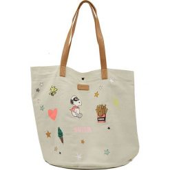 Shopper bag damskie: Shopper bag „Peanuts” w kolorze beżowym ze wzorem – 44 x 55 x 3,8 cm