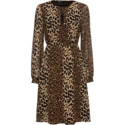 Sukienka w cętki leoparda bonprix beżowo-czarny w cętki leoparda. Brązowe sukienki damskie bonprix, z haftami, bez kołnierzyka, bez rękawów, kopertowe. Za 109,99 zł.