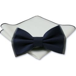 Stylowa mucha z poszetką - Chattier, Męska - Granat z Akcentem Popielatym MUCH0355. Niebieskie muszki męskie Chattier, w paski, eleganckie. Za 44,00 zł.