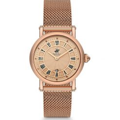 Zegarek kwarcowy w kolorze różowozłotym. Różowe, analogowe zegarki damskie Beverly Hills Polo Club, metalowe. W wyprzedaży za 259,95 zł.