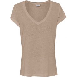 Shirt lniany bonprix migdałowy beżowy. Pomarańczowe koszulki damskie bonprix, bez wzorów, ze lnu, z dekoltem w serek, z krótkim rękawem. Za 79,99 zł.