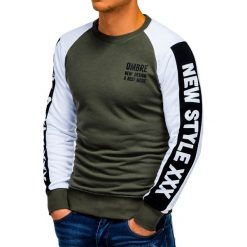 Bluza męska z nadrukiem B935 - oliwkowa. Zielone bluzy męskie Ombre Clothing, s, z nadrukiem, z bawełny, bez kołnierzyka, bez rękawów, bez kaptura. Za 49,00 zł.