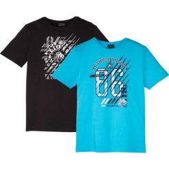 T-shirt (2 szt.) Slim Fit bonprix czarny + turkusowy. Czarne koszulki męskie bonprix, xxl, z nadrukiem, bez kołnierzyka. Za 65,98 zł.