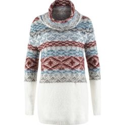 Sweter oversize z golfem, długi rękaw bonprix biel wełny wzorzysty. Białe swetry damskie bonprix, bez wzorów, z wełny, z długim rękawem. Za 69,99 zł.