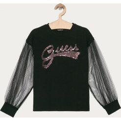 Guess Jeans - Bluzka dziecięca 116-175 cm. Czarne bluzki dziewczęce Guess Jeans, z aplikacjami, z elastanu, z okrągłym kołnierzem, z długim rękawem, długie, bez kaptura. Za 139,90 zł.