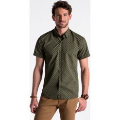 Koszula męska z krótkim rękawem K473 - zielona/brązowa. Pomarańczowe koszule męskie Ombre Clothing, na lato, s, bez wzorów, z bawełny, klasyczne, z klasycznym kołnierzykiem, z krótkim rękawem. Za 35,00 zł.