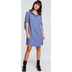 Sukienka koszulowa na guziki niebieska - 40. Niebieskie sukienki damskie e-margeritka.pl, na co dzień, s, bez wzorów, z poliesteru, eleganckie, z koszulowym kołnierzykiem, z długim rękawem, długie, midi, proste. Za 164,99 zł.