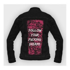 Kurtka jeansowa męska Follow your fucking dreams. Kurtki męskie MegaKoszulki, na wiosnę, m, z nadrukiem, z jeansu, eleganckie, długie, bez kaptura. Za 139,90 zł.