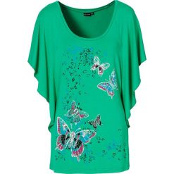 Shirt z rękawami kimonowymi bonprix szmaragdowy z nadrukiem. Zielone koszulki damskie bonprix, z nadrukiem, z okrągłym kołnierzem, z krótkim rękawem. Za 54,99 zł.