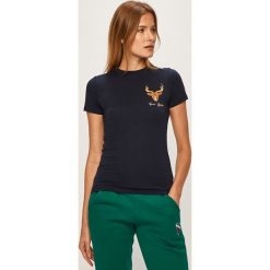 Femi Stories - T-shirt Satis. Niebieskie bluzki damskie Femi Stories, s, z nadrukiem, z elastanu, casualowe, z okrągłym kołnierzem. W wyprzedaży za 129,90 zł.
