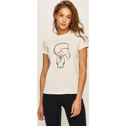 Karl Lagerfeld - T-shirt. Białe bluzki damskie KARL LAGERFELD, s, z nadrukiem, z bawełny, casualowe, z okrągłym kołnierzem, z krótkim rękawem. W wyprzedaży za 239,90 zł.