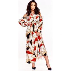 Sukienka maxi w ciekawy wzór. Białe sukienki damskie Made in Poland, bez wzorów, z elastanu, bez kołnierzyka, bez rękawów, maxi. Za 379,00 zł.