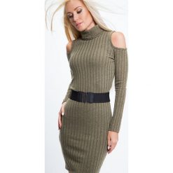 Sukienka z golfemi i pasem khaki 6476. Brązowe sukienki damskie Fasardi, xl, bez wzorów, bez kołnierzyka, bez rękawów. Za 44,00 zł.