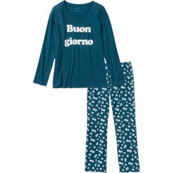 Piżama bonprix niebieskozielony - biały z nadrukiem. Niebieskie piżamy damskie bonprix, z nadrukiem, z długim rękawem. Za 54,99 zł.