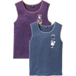 Koszulka tank top(2 szt.) bonprix indygo + jagodowy. Niebieskie koszulki męskie bonprix, s, z nadrukiem, z kontrastowym kołnierzykiem. Za 27,98 zł.