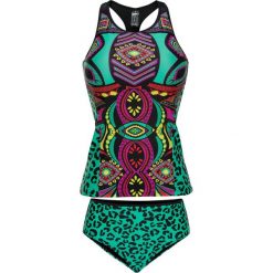 Tankini (2 części) bonprix czarno-zielony leo. Czarne stroje kąpielowe damskie bonprix, z nadrukiem. Za 99,99 zł.