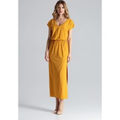 Sukienka maxi na lato musztardowa. Sukienki damskie e-margeritka.pl, na lato, bez wzorów, z elastanu, eleganckie, z długim rękawem, długie, bez kaptura. Za 209,99 zł.